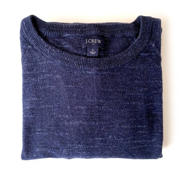 J.Crew Mens Cotton Navy Crewneck Sweater Size L Textured Raglan Sleeve Preppy - Picture 1 of 9